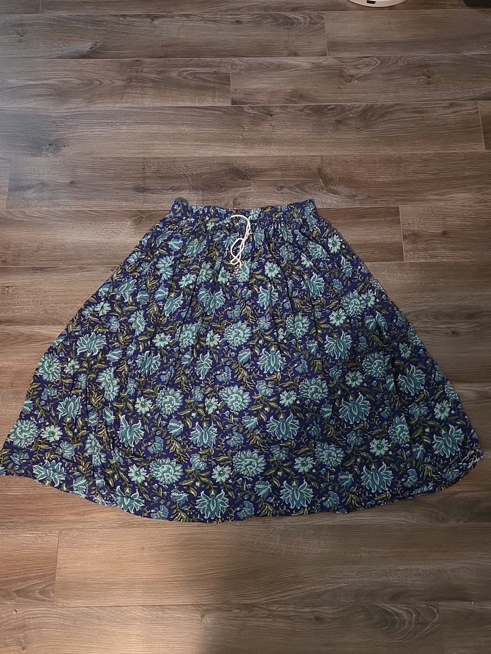 Blue Floral Circle Skirt with Elastic Drawstring Waist